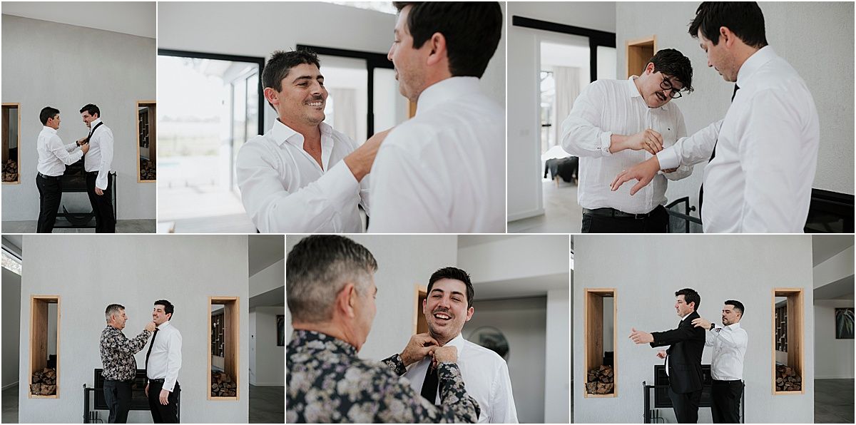 Series of candid moments showing wedding preparations in a bright, modern room.