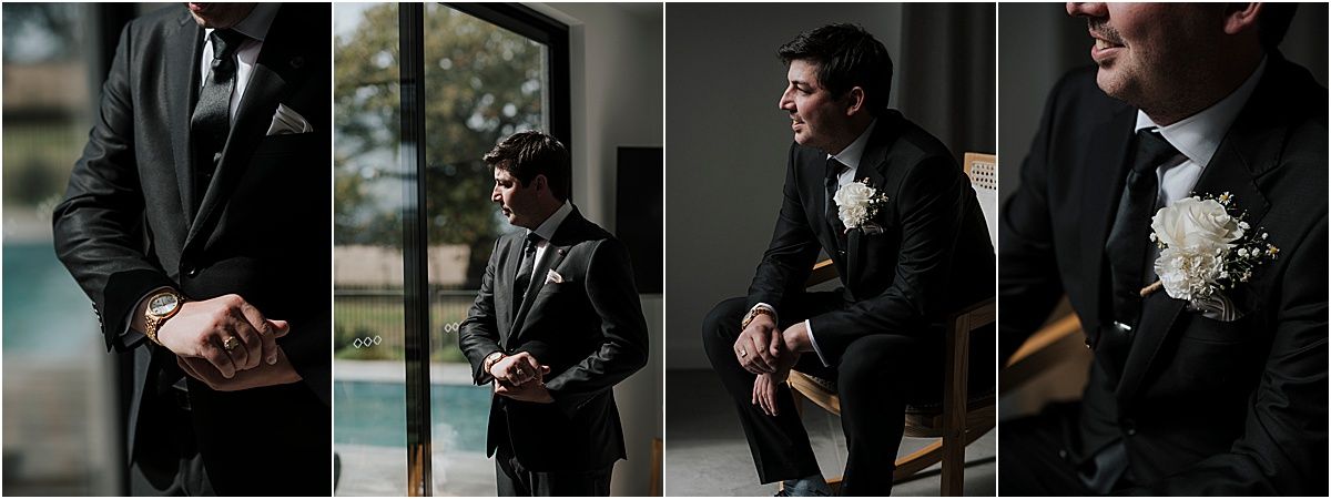 Sequence of black and white photos capturing intimate moments between wedding party members.