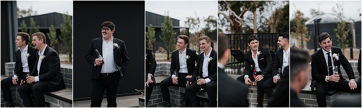 Candid photo series of groomsmen in black suits interacting on a terrace.