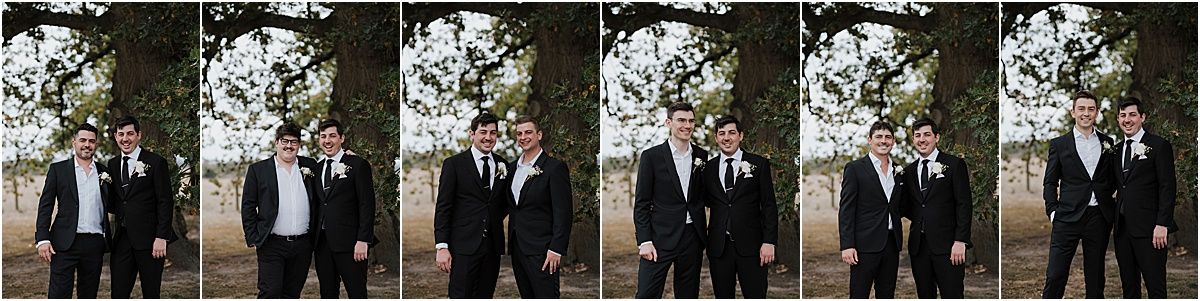 Series of outdoor portraits showing groomsmen lined up in black suits against a natural background.