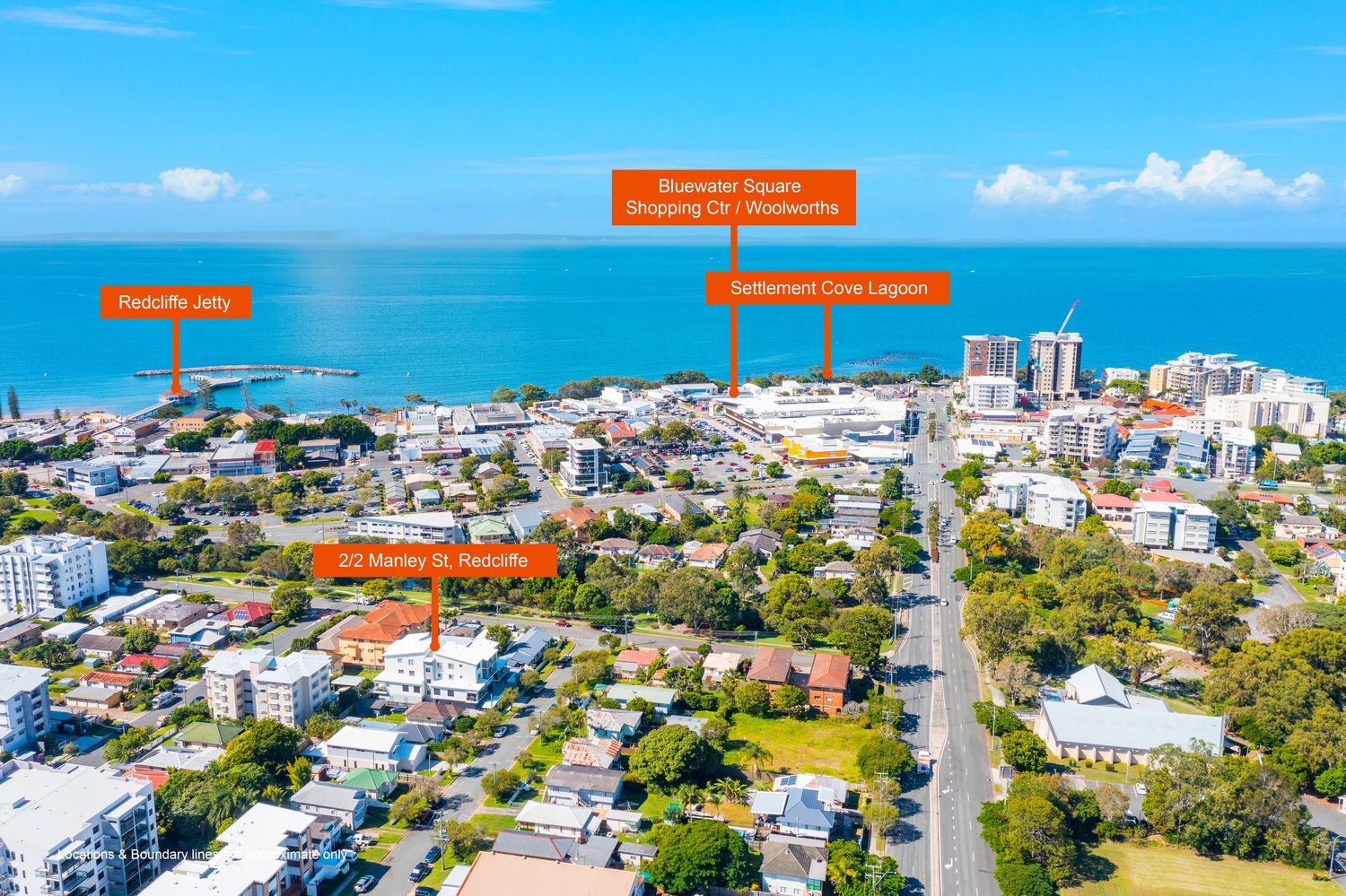 Aerial view of Redcliffe property near Suttons Beach Jetty, Settlement Cove Lagoon, and Scarborough Square Shopping Centre.