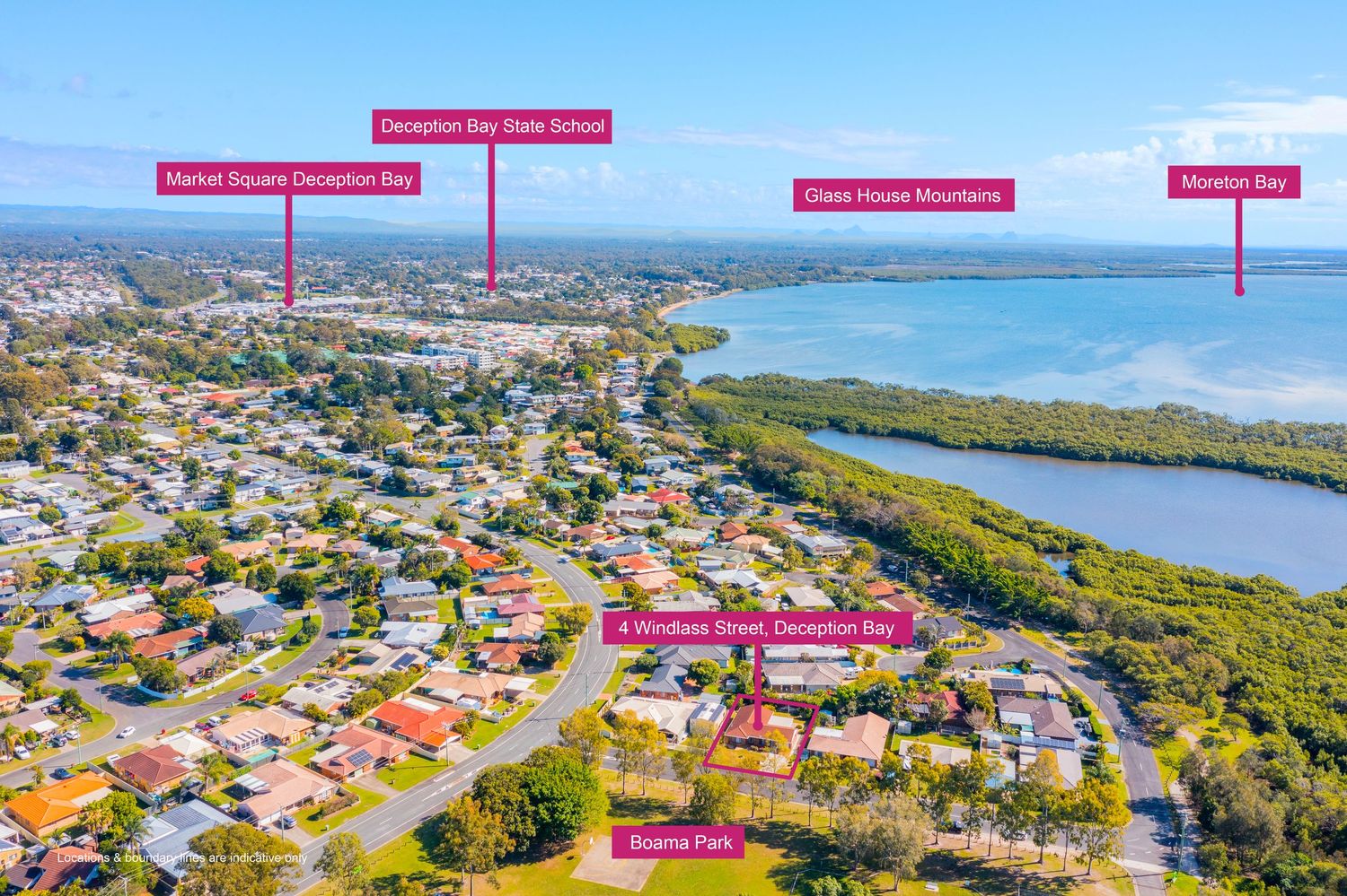 Aerial view of Deception Bay showing Deception Bay State School, Market Square, Glass House Mountains, and Moreton Bay.