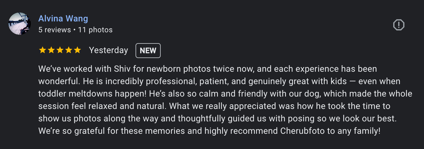 A screenshot of a 5-star review praising a photographer's work and capturing special moments.