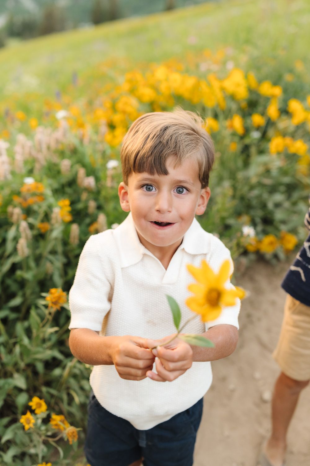 Candid expressions of wonder and joy among blooming yellow sunflowers.