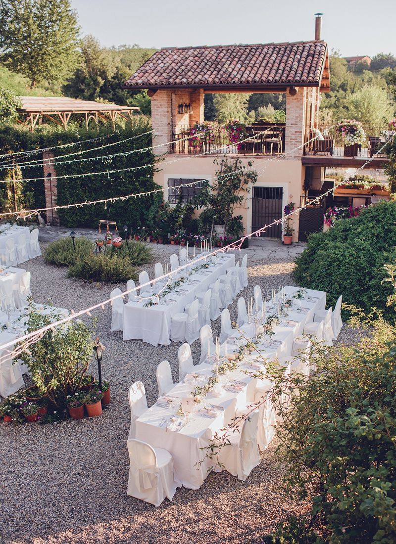Outdoor wedding reception setup at La Villa Hotel in Mombaruzzo, Italy