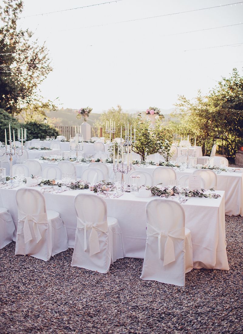 Outdoor wedding reception tables set in a garden at La Villa Hotel in Piedmont