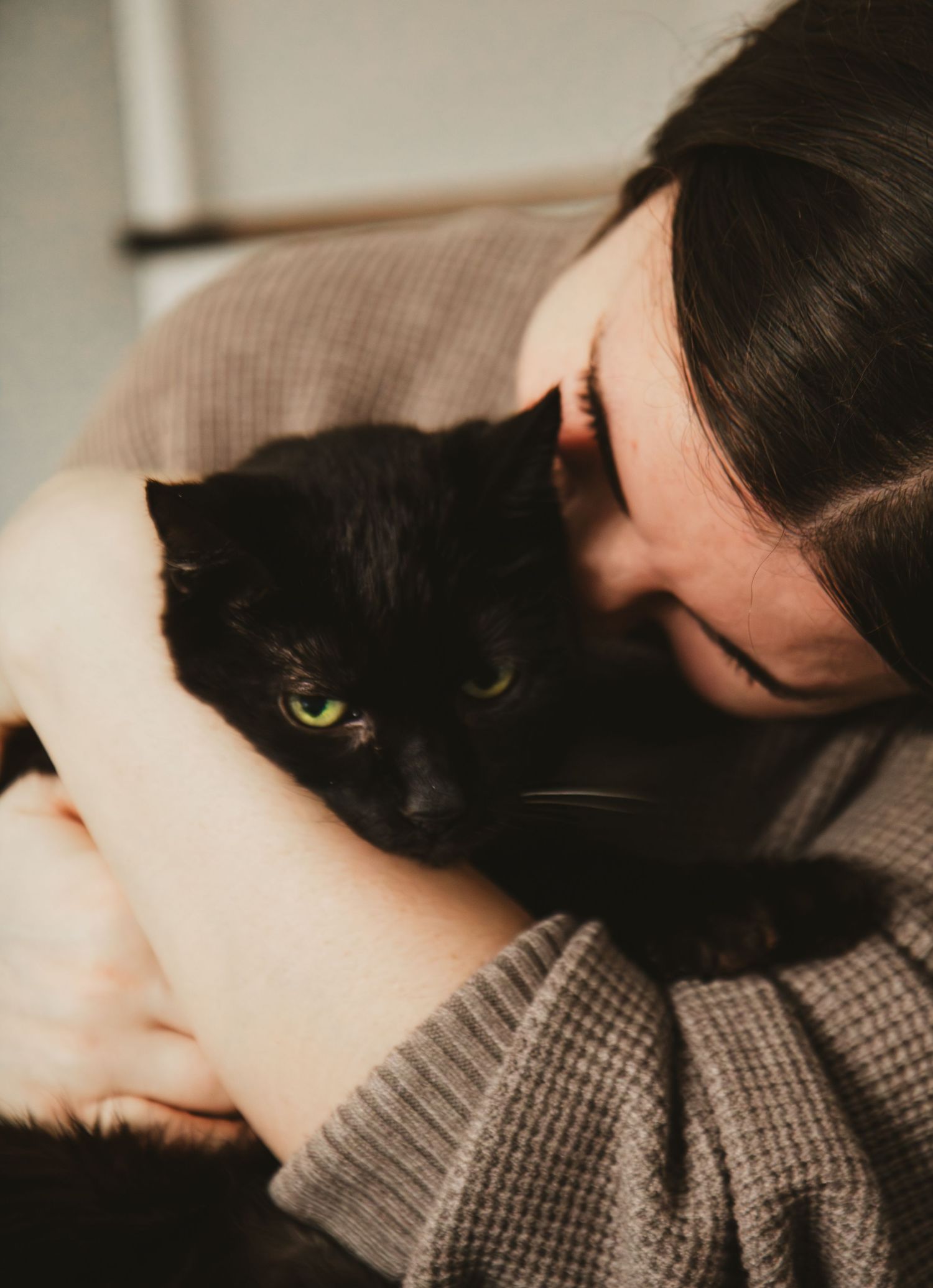 A black cat rests peacefully on a gray textured blanket while being gently petted by someone's hand.