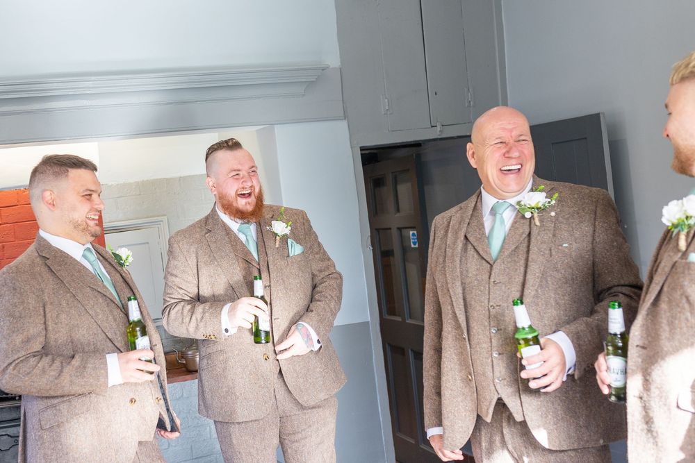 A series of photos showing someone in a brown suit jacket holding a bottle and making animated expressions.