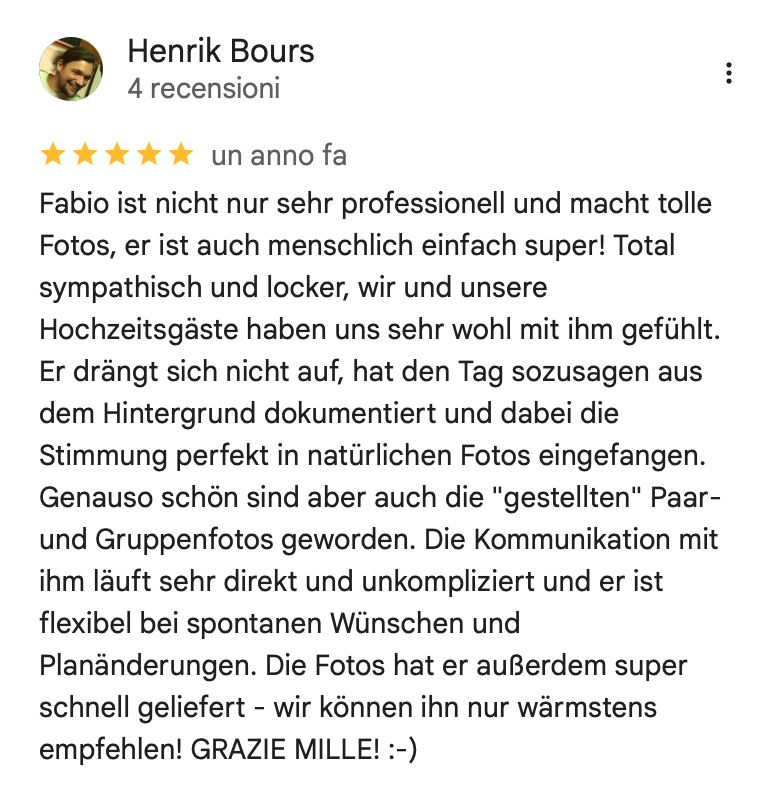 Google Rezension von Henrik Bours: 5-Sterne-Bewertung für Fabio Marras Hochzeitsfotograf. Exzellente Qualität und professionelle Begleitung