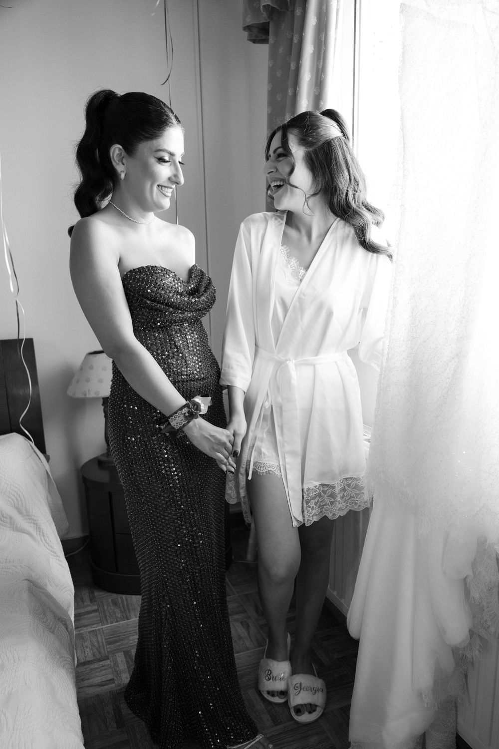 Black and white photo series showing wedding preparations with someone in a dark dress helping another in white attire.