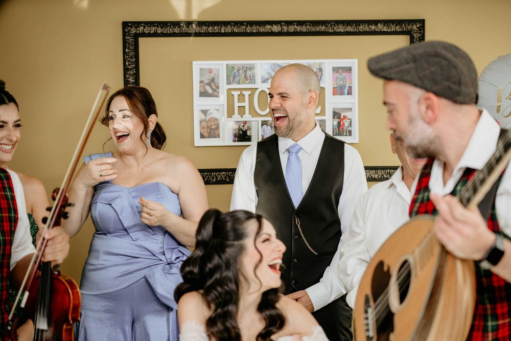 Musicians perform together in a sequence of candid shots showing string instruments and casual interactions during rehearsal.