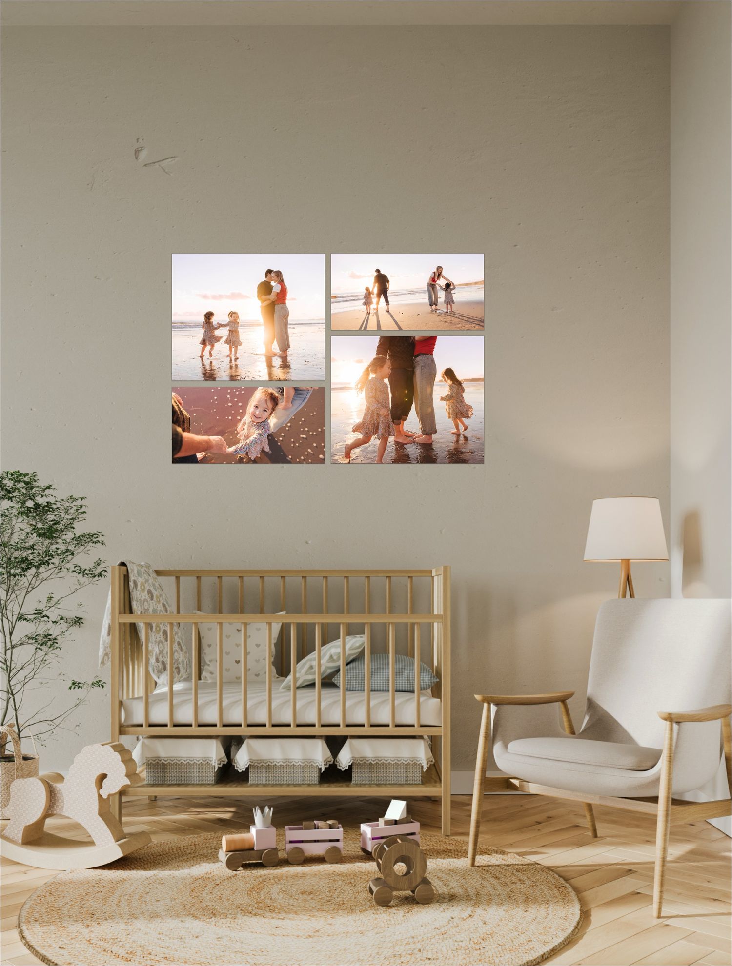 Modern minimalist living room with wooden bench seating, white chairs, and beach-themed artwork on beige walls.