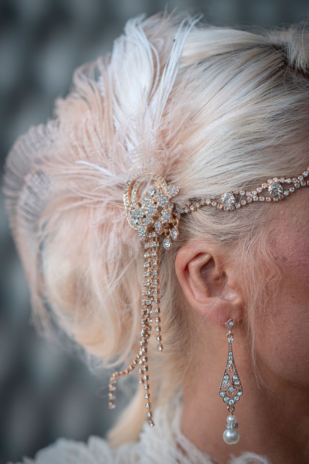 Crystal hair accessories and earrings with vintage-inspired design.