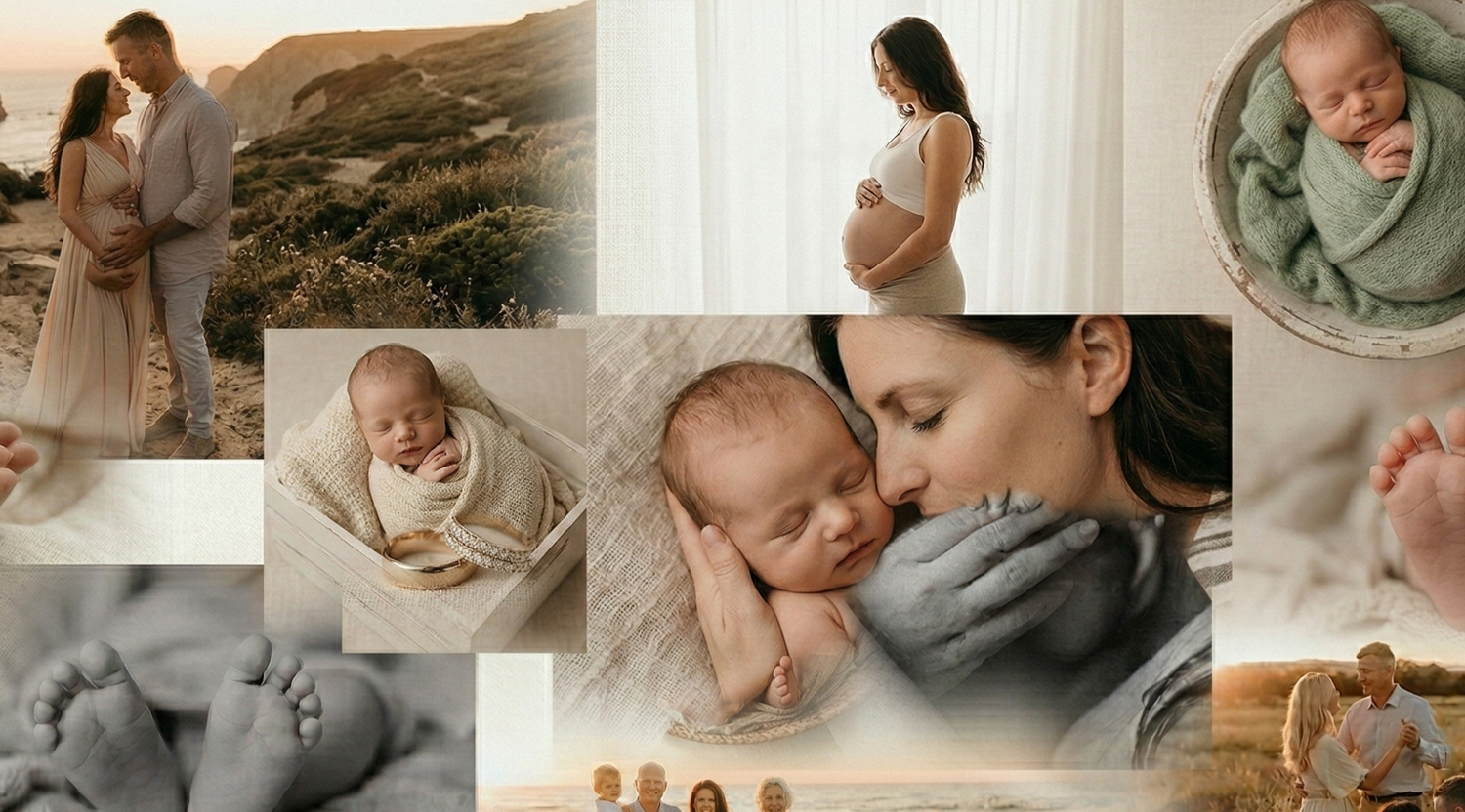 A collection of intimate lifestyle newborn photography images showing tender moments between parents and babies.