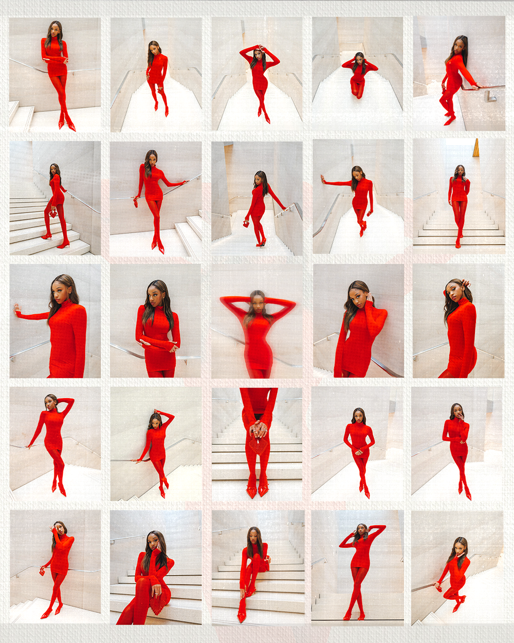 Dynamic photo collage showing a figure in a striking red outfit posing gracefully against a white backdrop.