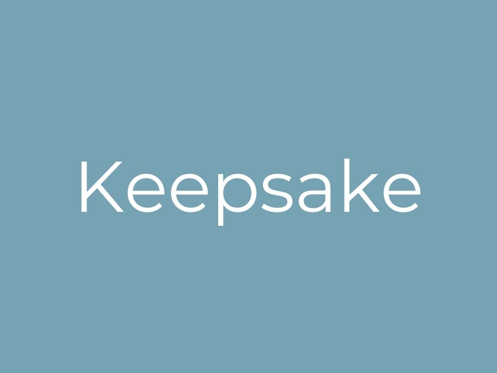 White text reading 'Keepsake' on a blue background.