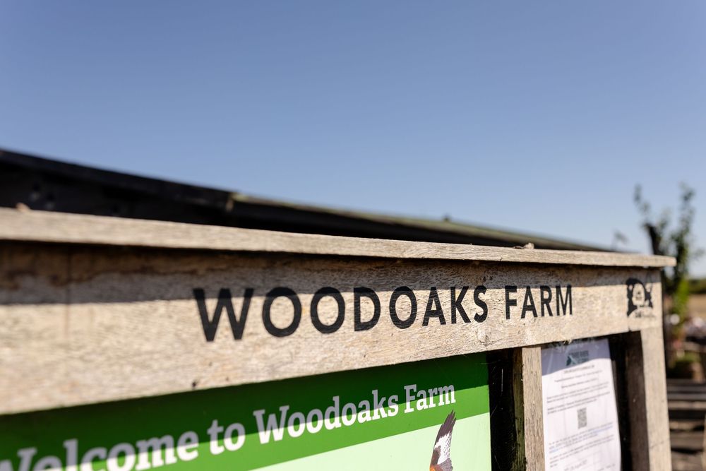 Wooden sign reading 'Woodoaks Farm' at entrance of rural venue.