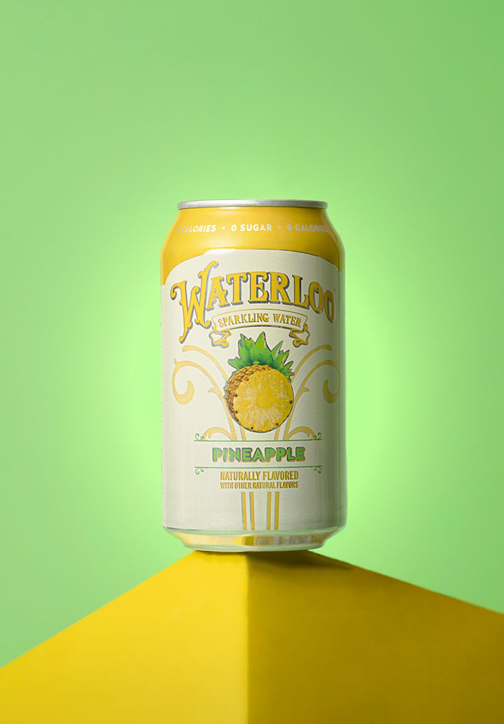Product photography featuring a yellow Waterloo sparkling water can created by commercial photographer Chris Z of Zeng Studio.