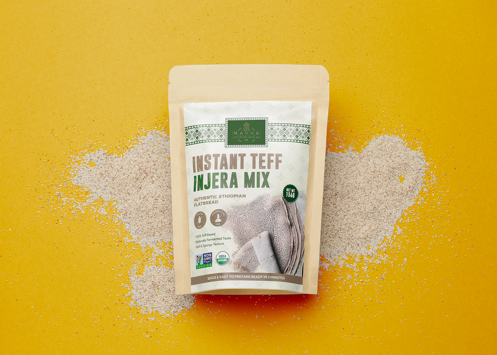 Product photography featuring a bag of teff on a yellow background, created by commercial photographer Chris Z of Zeng Studio.