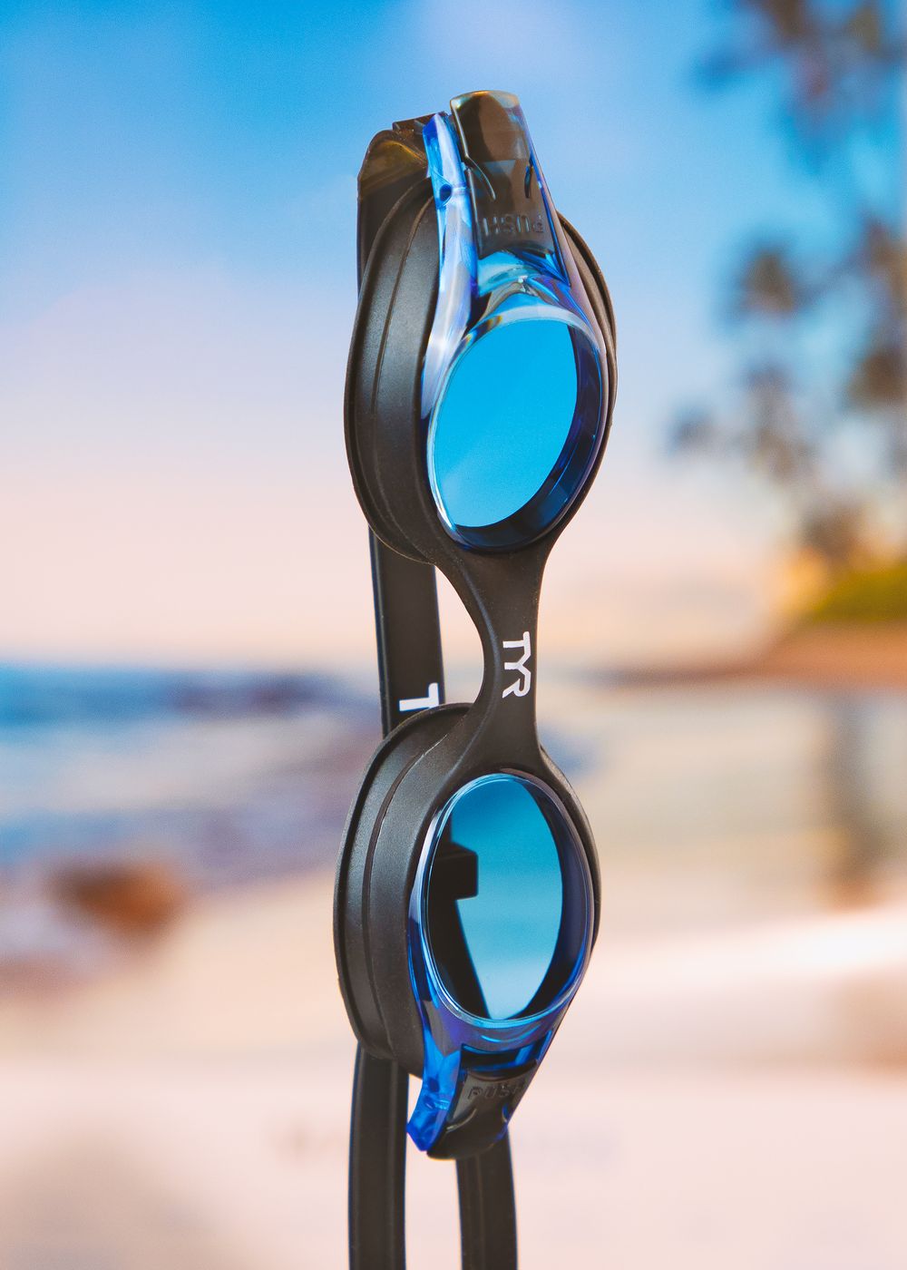 Product photography featuring a pair of swim goggles created by commercial photographer Chris Z of Zeng Studio.