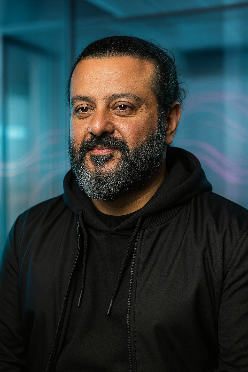 A series of four headshots showing a man with a dark beard wearing a black hoodie against a blue-tinted background.