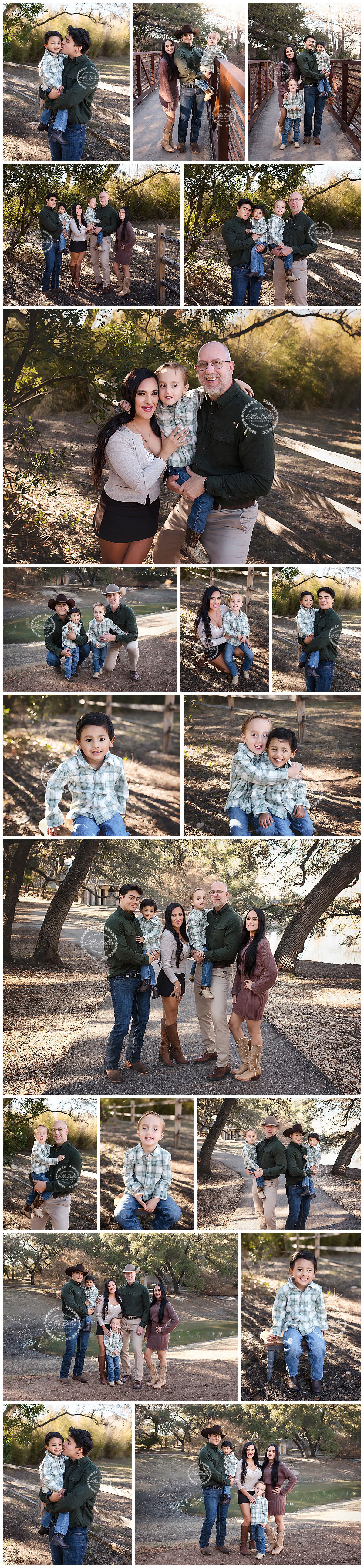 Family portrait session in a natural outdoor setting with trees and dappled sunlight creating a warm autumn atmosphere.