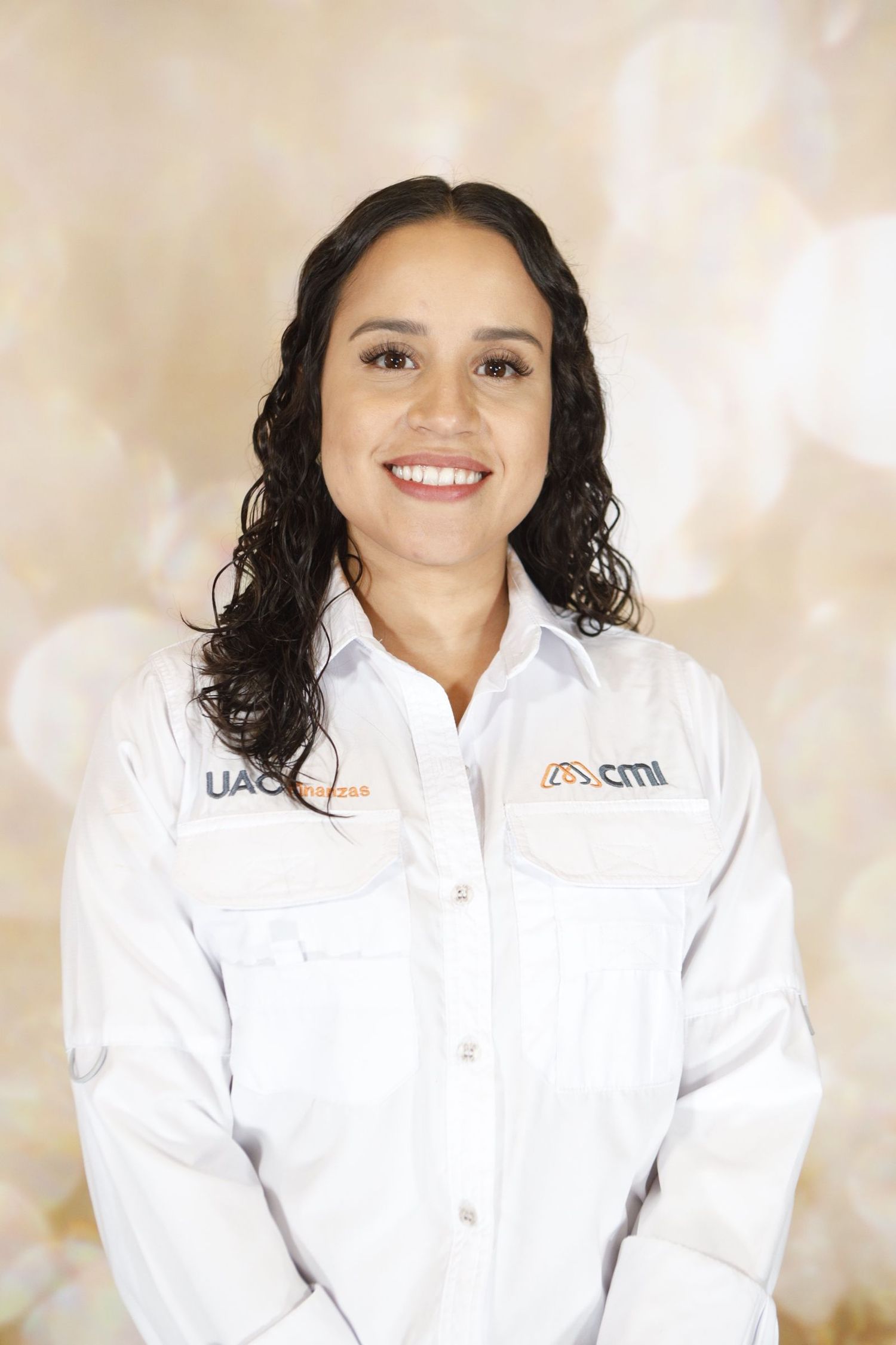 Professional headshots showing a person in a white button-up shirt with dark curly hair against a light background.