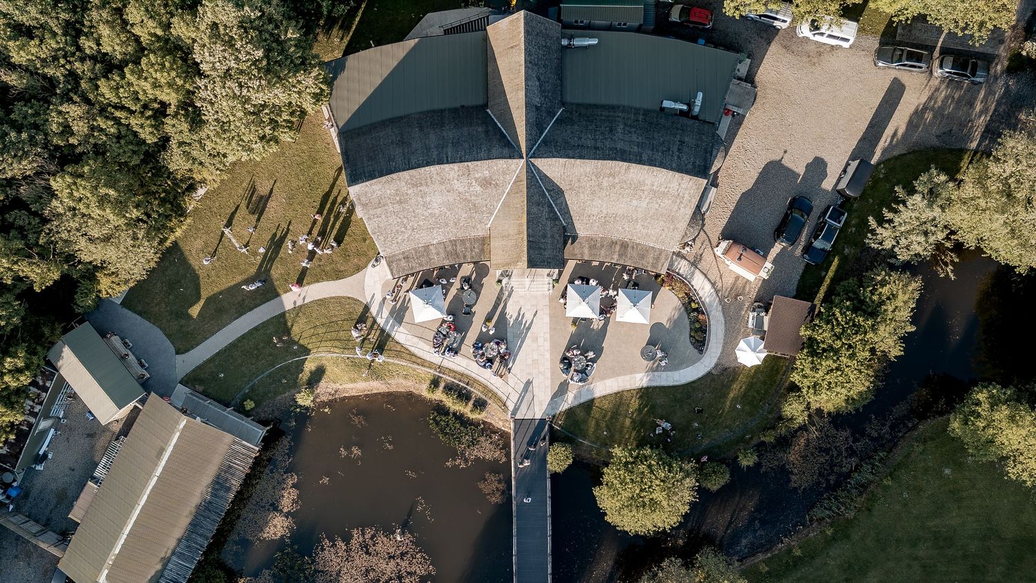 Documentary wedding photography of Oaklands wedding venue aerial view.