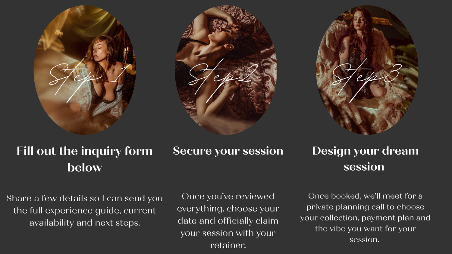 Three circular brown images showing steps for booking a photography session with decorative text overlays.