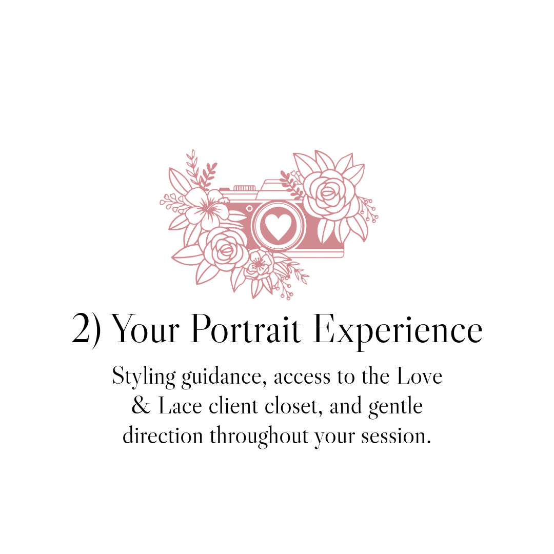 Elegant wedding photography service banner with pink floral designs and text about portrait experience and styling guidance.
