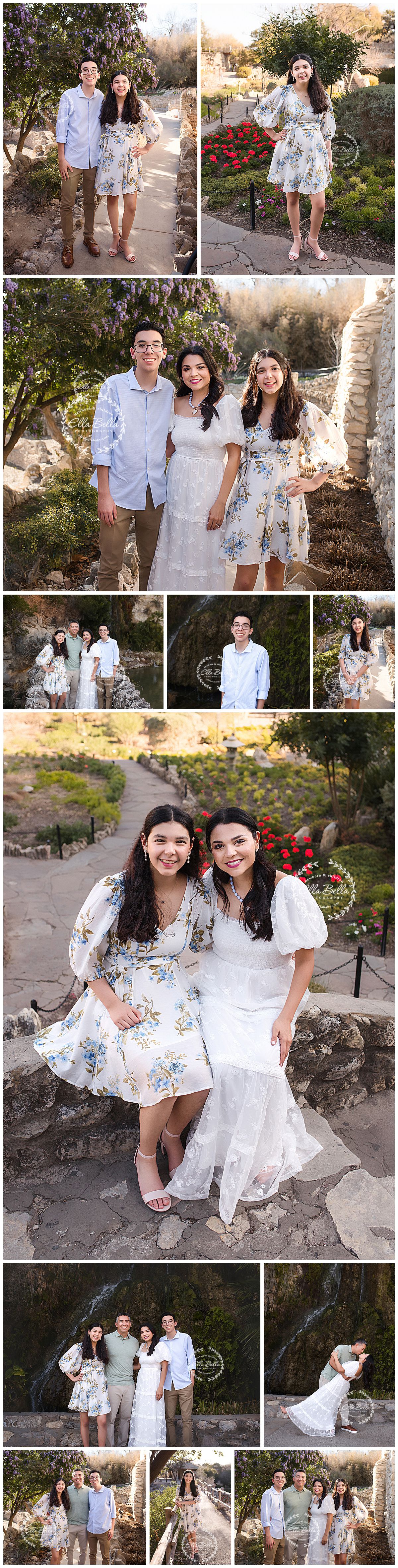 A family photoshoot in a garden setting with people wearing coordinated white and floral outfits during golden hour.