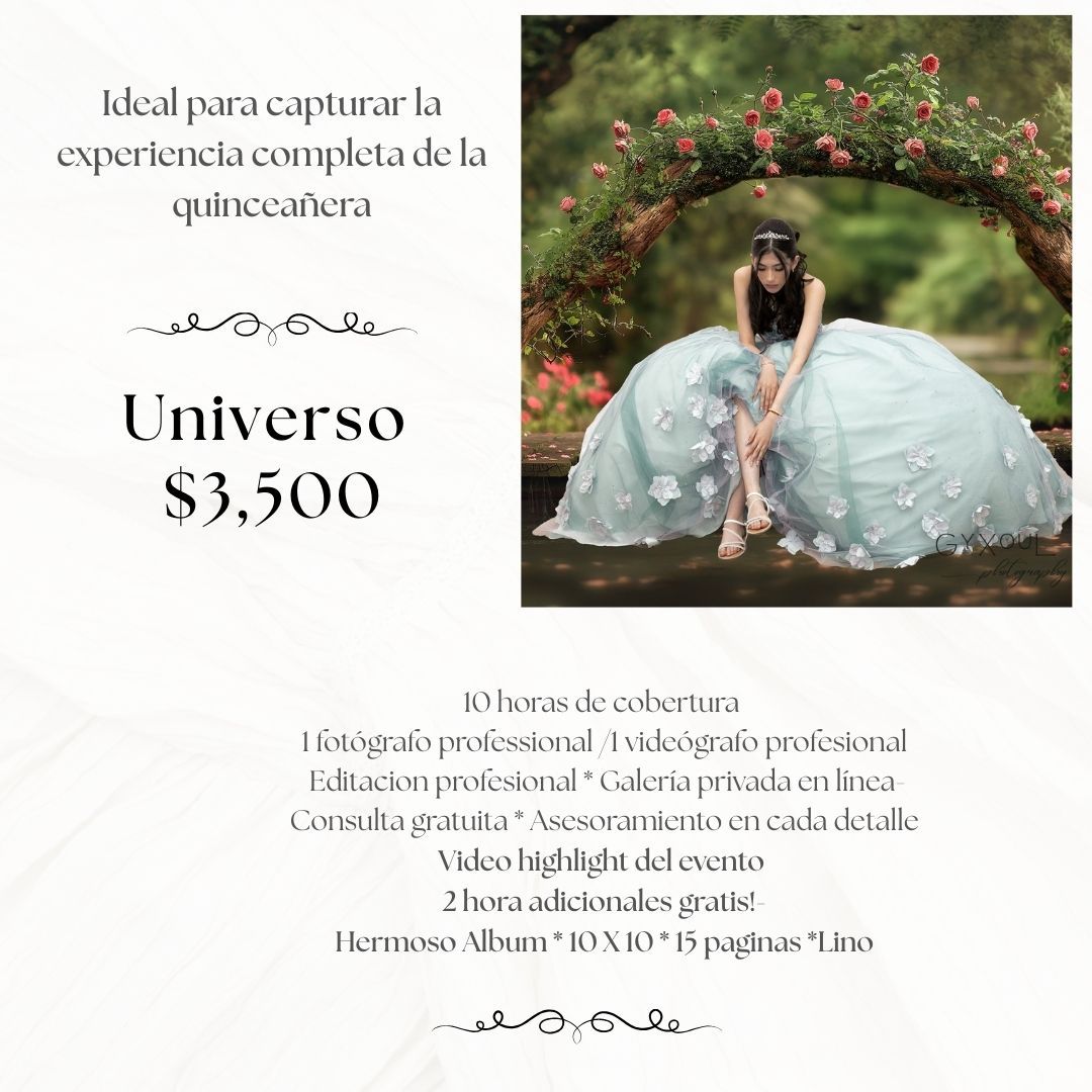 Wedding photography pricing guide with floral decorations and photo samples displayed on white background.