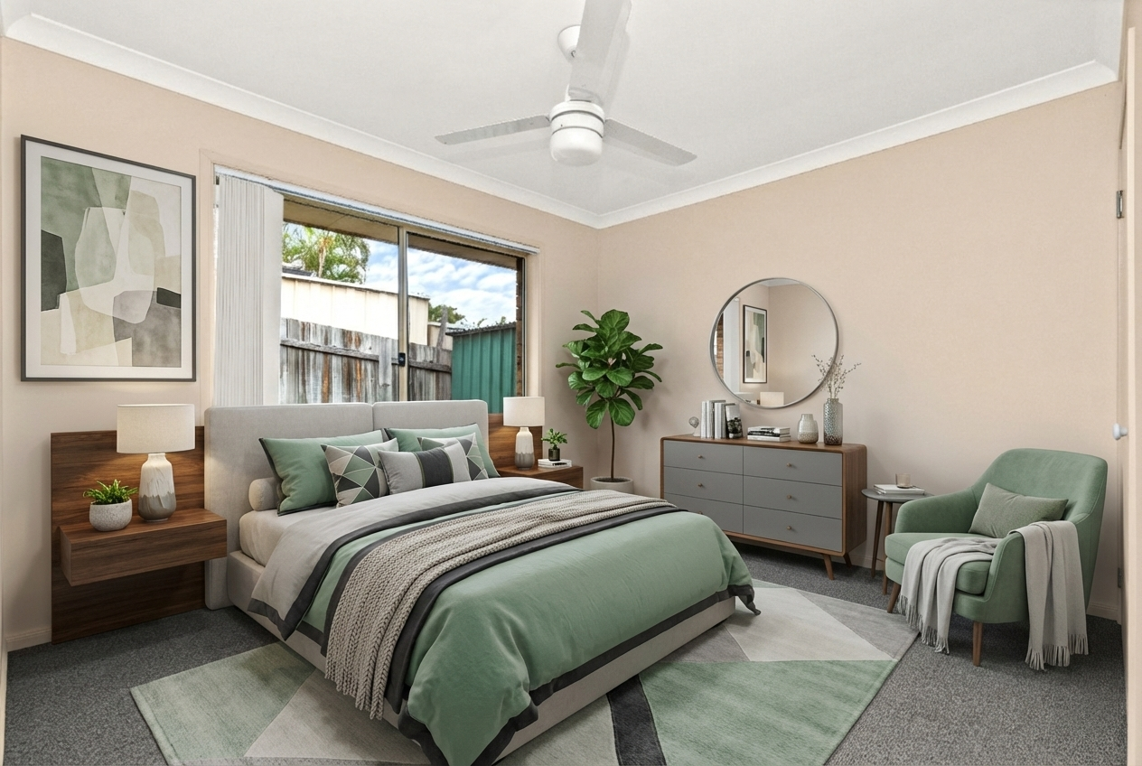 Stylish bedroom with green bedding, ceiling fan, round mirror, timber furniture, and soft neutral walls with crown molding.