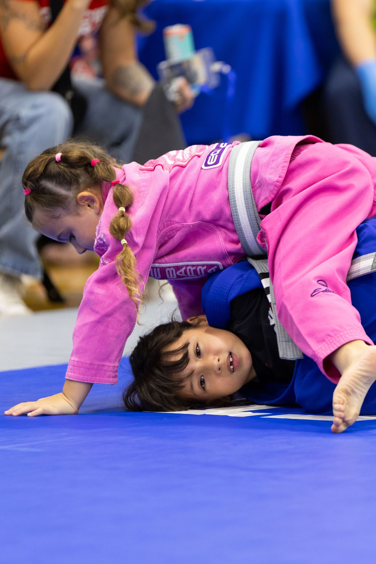 Competitors in pink and blue gis demonstrating grappling techniques on a blue mat.