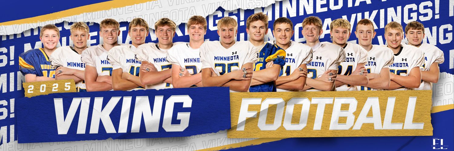 Minnesota Vikings high school football team panoramic banner with players in blue and gold uniforms.