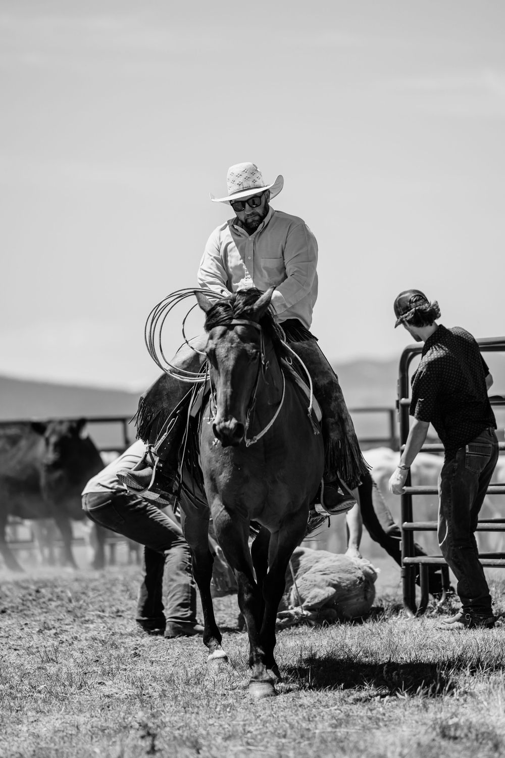 Ranchers working with horses during livestock operations in rural setting with mountains in background.