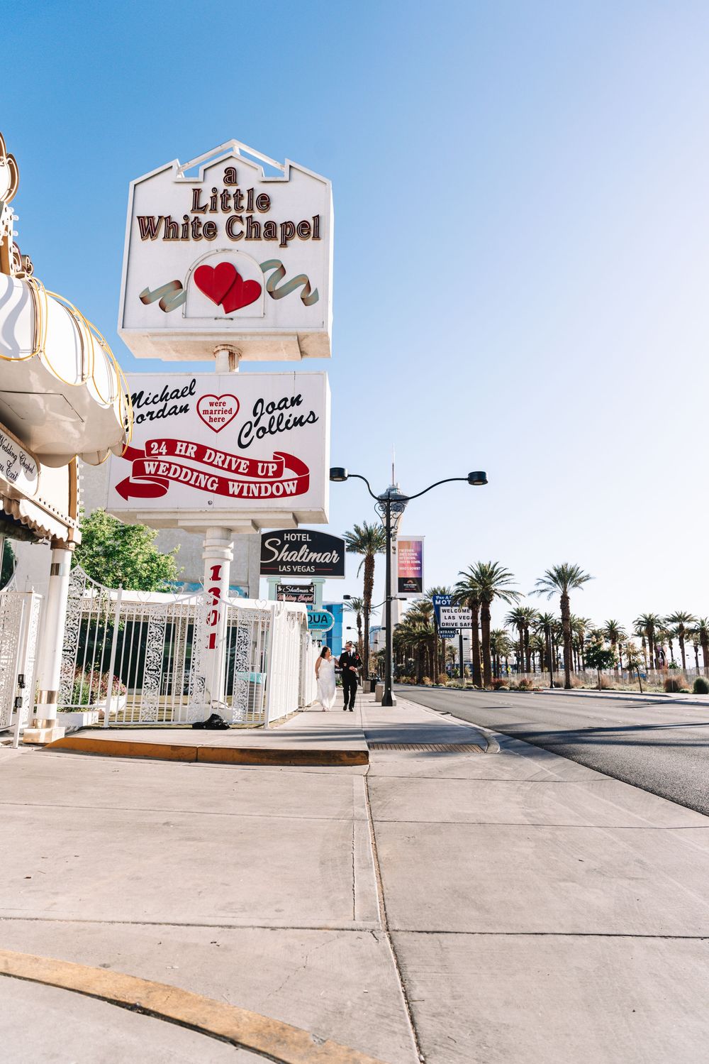 Exterior views of A Little White Chapel wedding venue in Las Vegas with iconic signage and palm trees in the background.