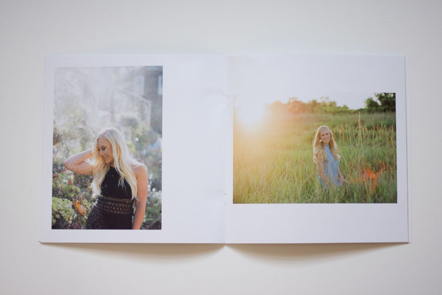 Photo album spread featuring outdoor portrait photography with natural lighting.