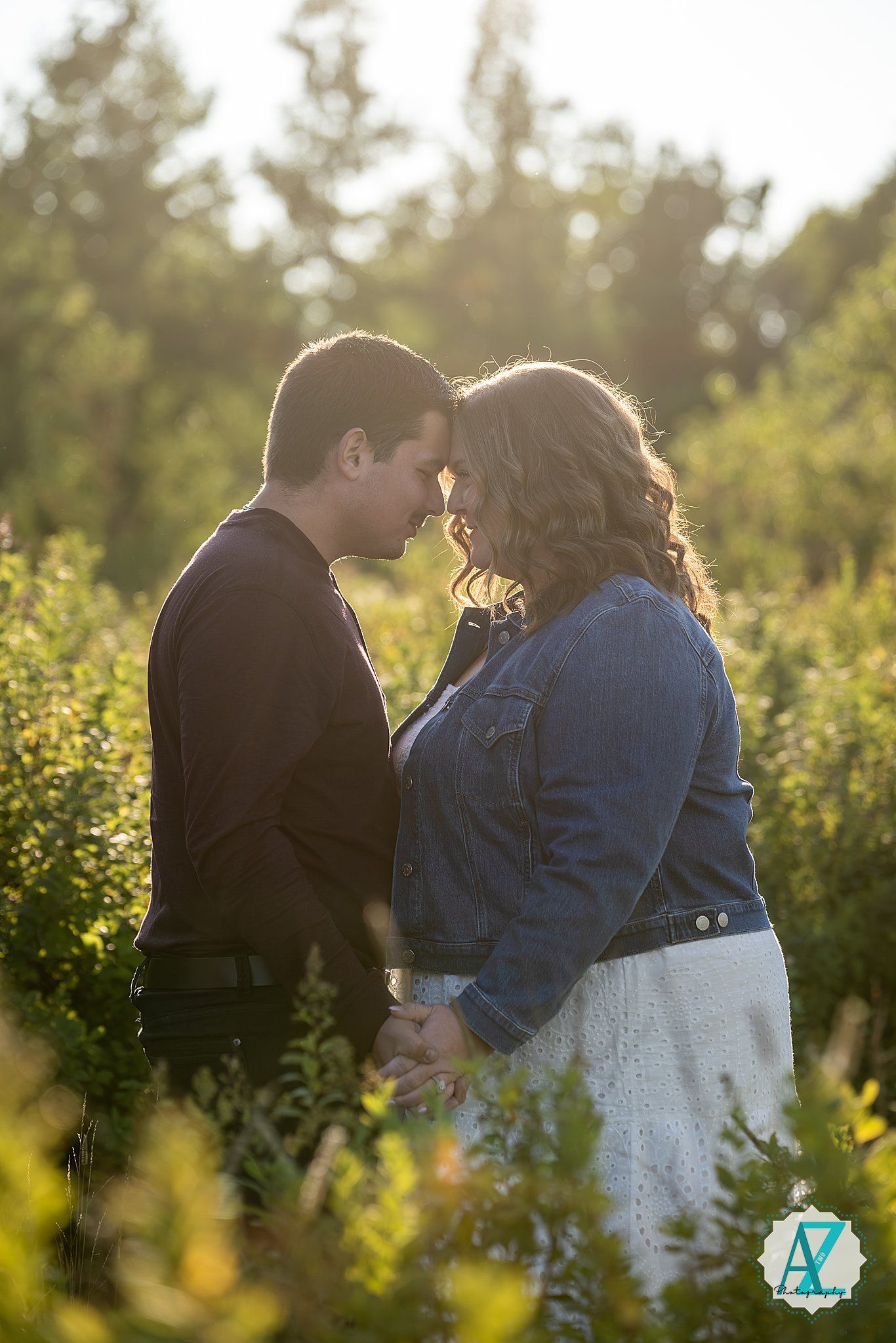 A romantic moment captured between a couple in a sunlit meadow with dreamy backlighting.