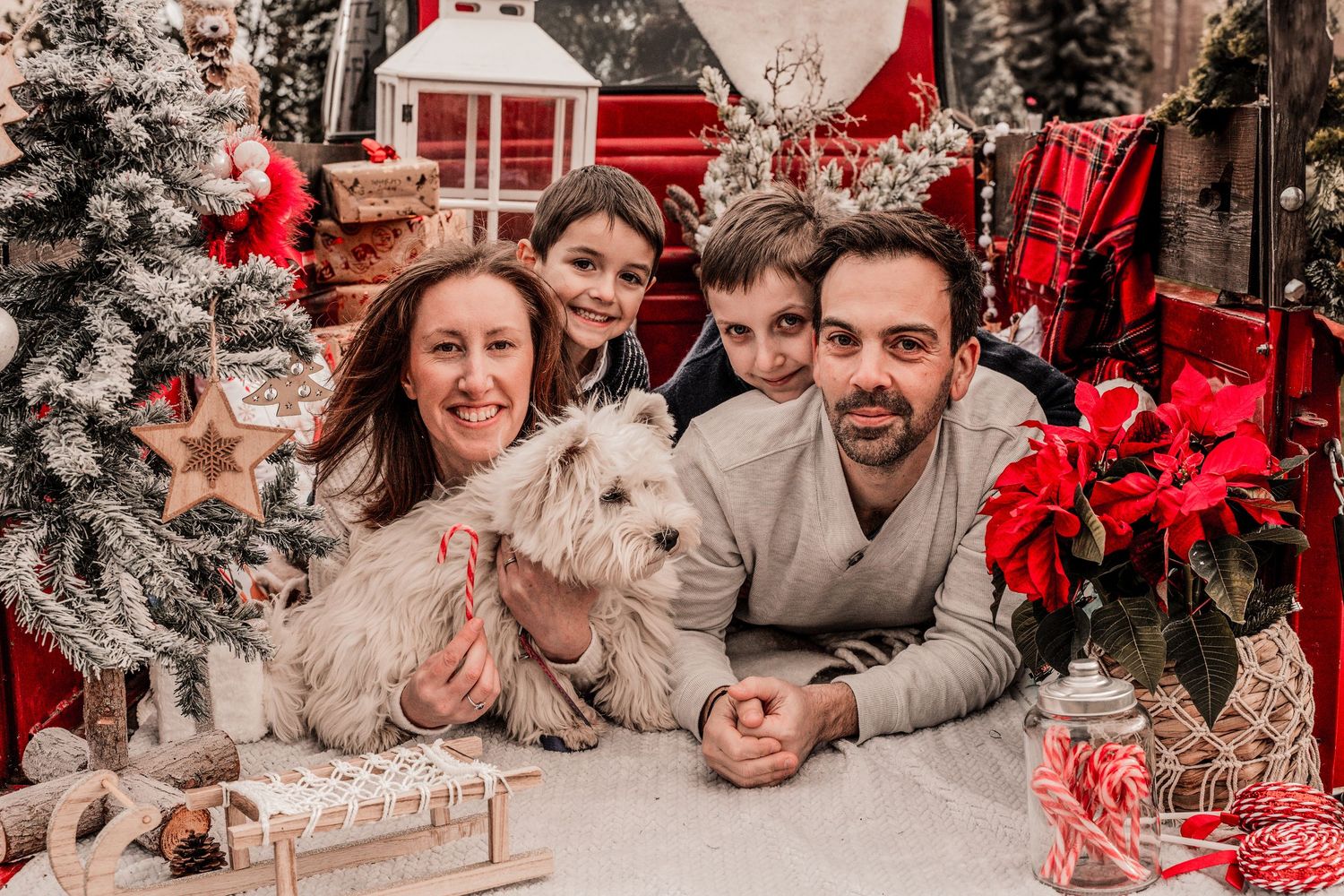 A fluffy white dog poses with a group by a Christmas tree decorated with red poinsettias and plaid accents.