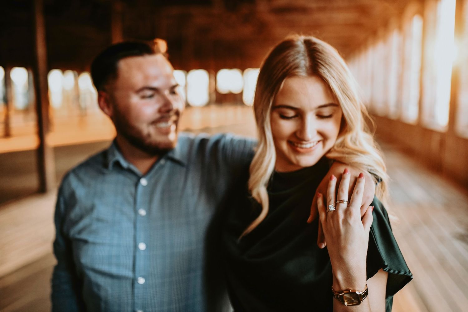 Engagement ring close-up during proposal at Cotton Mill Texas