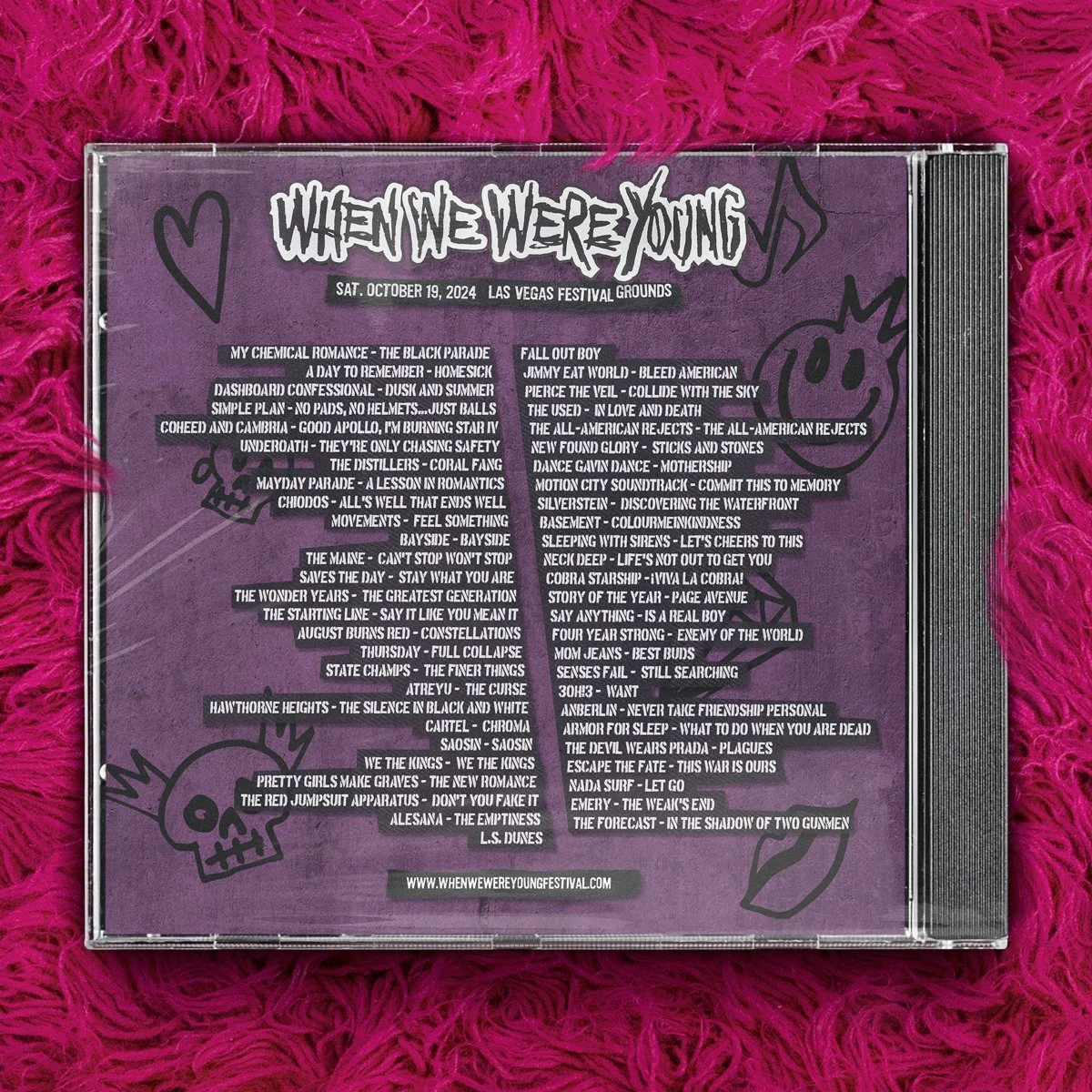 Close-up photos of purple CD booklet pages showing song lyrics against a bright pink textured background.