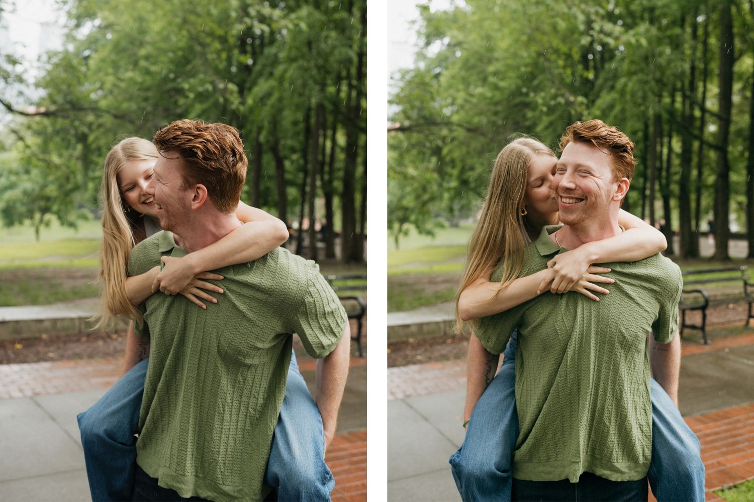 Series of romantic embraces between a couple wearing casual clothes in a park setting.