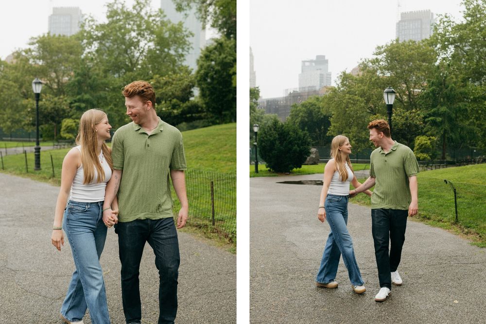 A series of candid shots showing a couple walking together on a gravel path in a park.