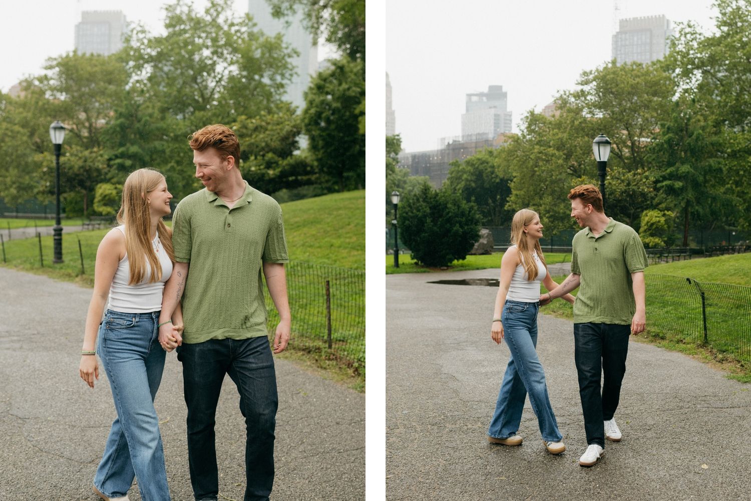 A series of candid shots showing a couple walking together on a gravel path in a park.
