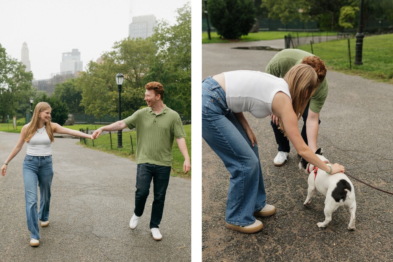 Playful sequence of a couple walking and dancing together on a park path.