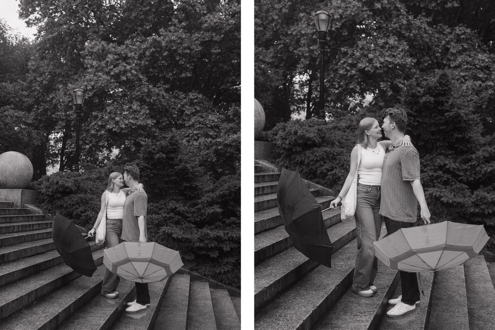 Black and white series of a couple sharing intimate moments on stone steps in a park setting.