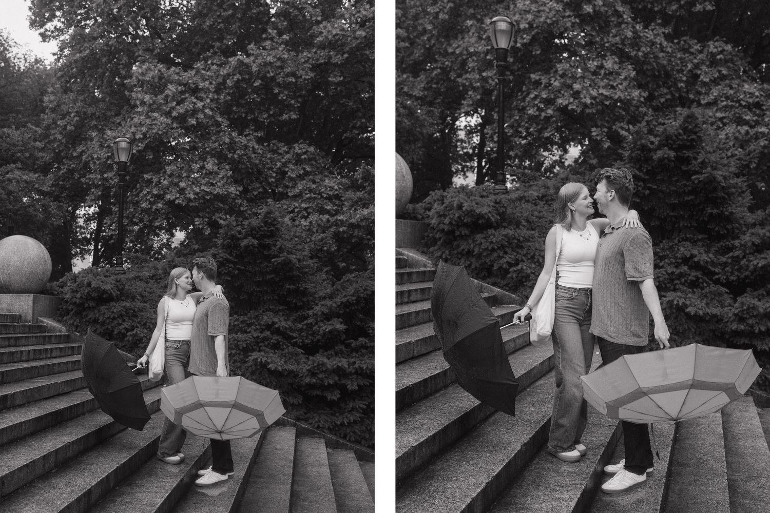 Black and white series of a couple sharing intimate moments on stone steps in a park setting.