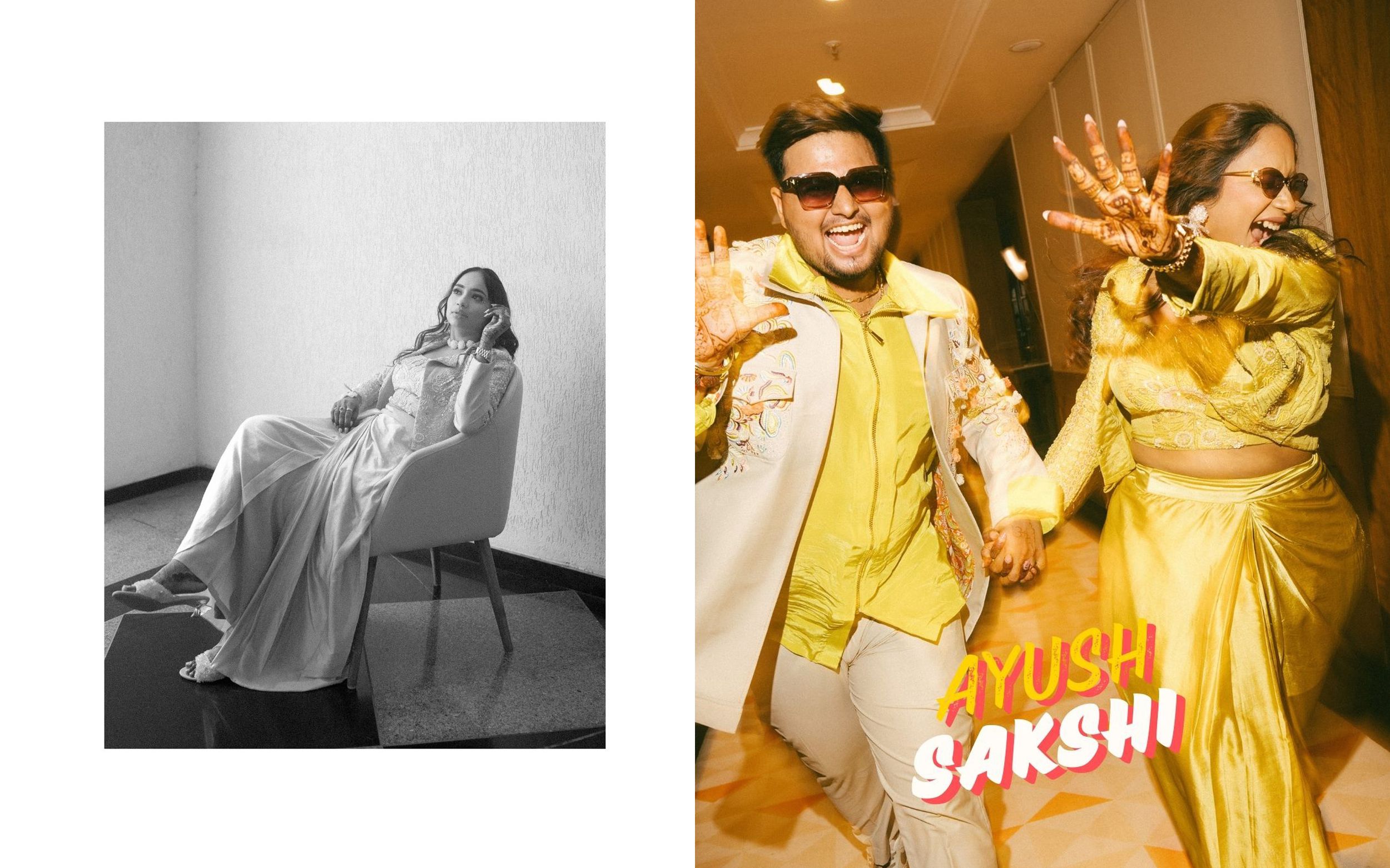 Vibrant yellow & orange fashion photoshoot with modern artistic styling, creatively captured by professional wedding photographer in Mumbai.