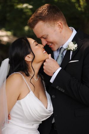 A romantic wedding photo sequence shows tender moments between a bride in white and groom in black suit exchanging kisses.